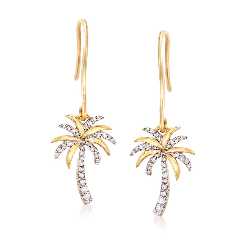 14kt yellow gold drop earrings with diamond palm tree charm and earwires