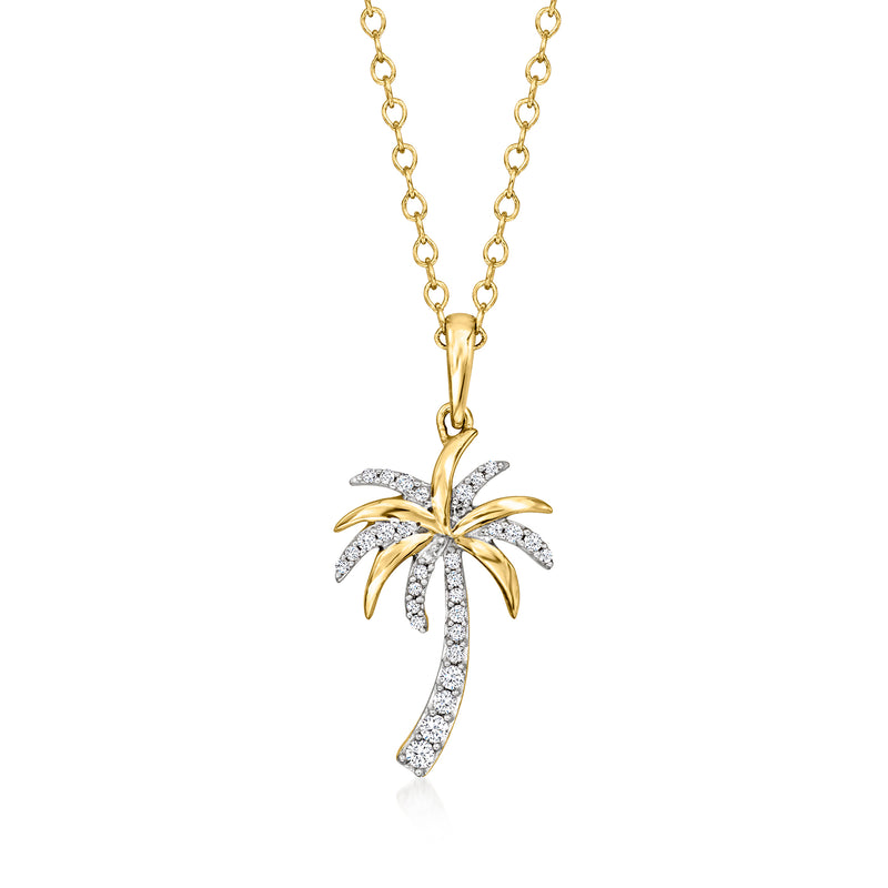 14kt yellow gold palm tree pendant necklace with diamond accents