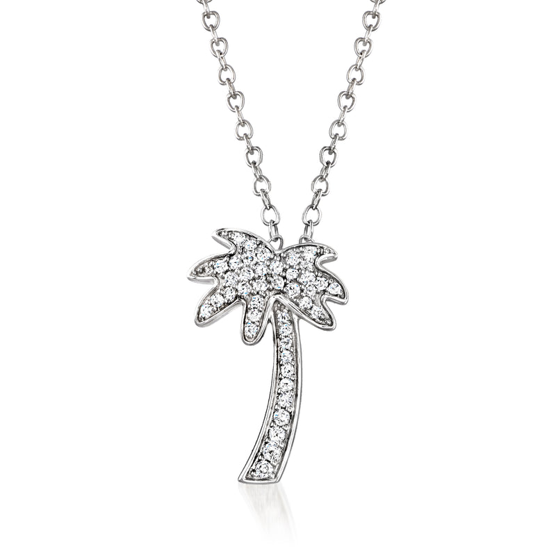 14kt white gold diamond palm tree pendant necklace with sparkling stone leaves