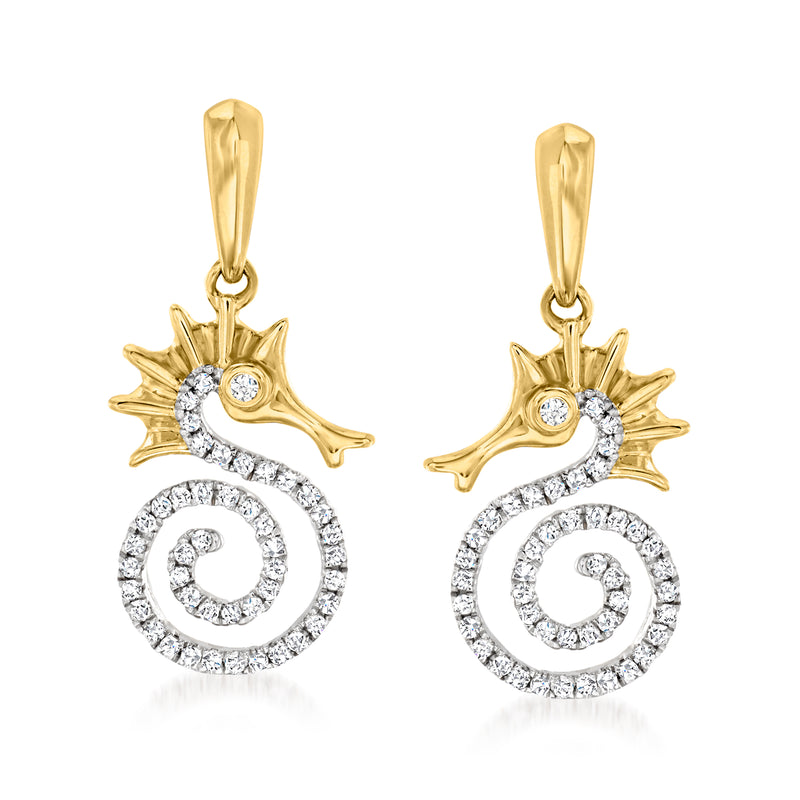 14kt yellow gold seahorse drop earrings with diamond swirl accents and round stones