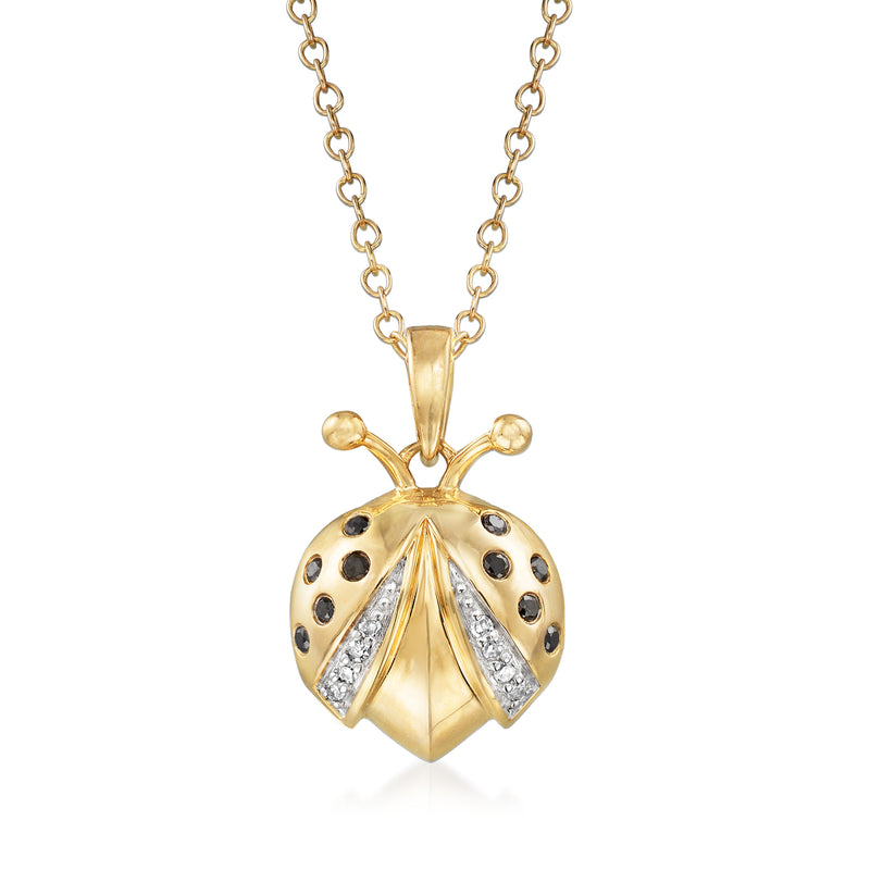 14kt yellow gold ladybug pendant necklace with black enamel spots and white stone wings