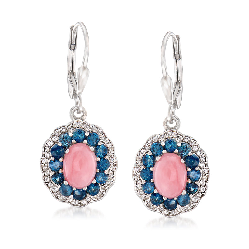 Sterling silver leverback drop earrings with oval pink and blue gemstone halo