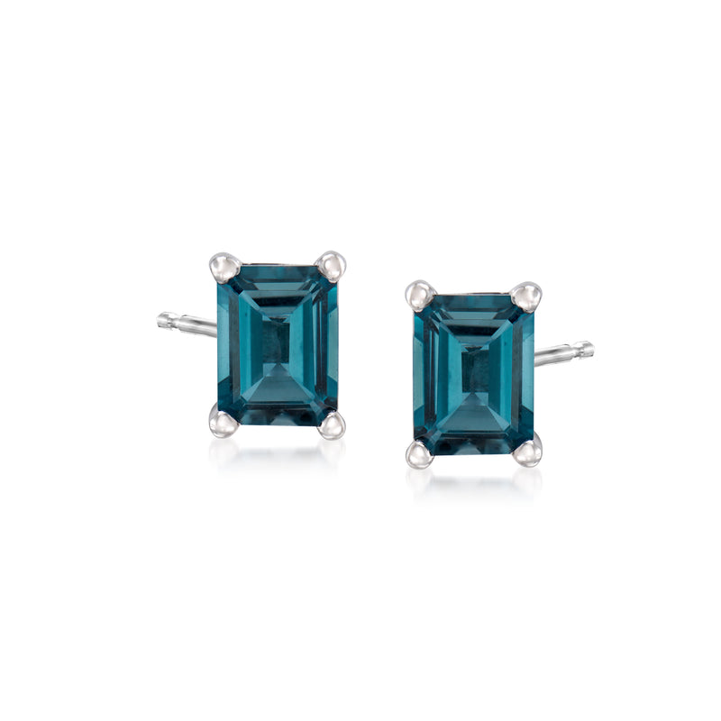 Sterling silver stud earrings with rectangular dark-blue topaz, four-prong setting