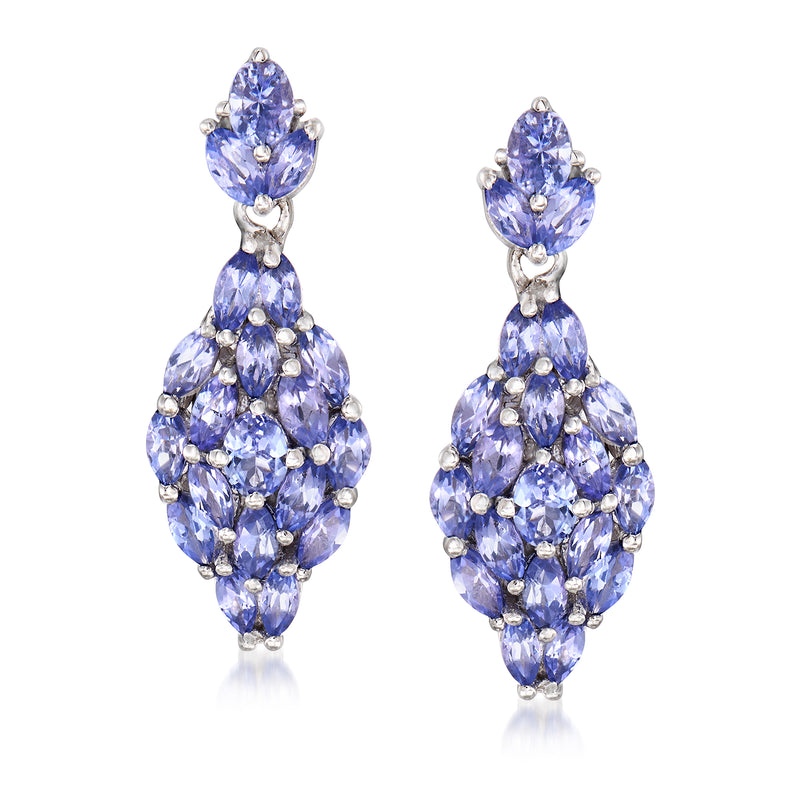 Sterling silver tanzanite drop earrings with clustered oval teardrop gemstones, blue-violet