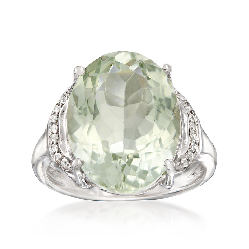 Sterling silver oval green prasiolite ring with white gemstone side accents