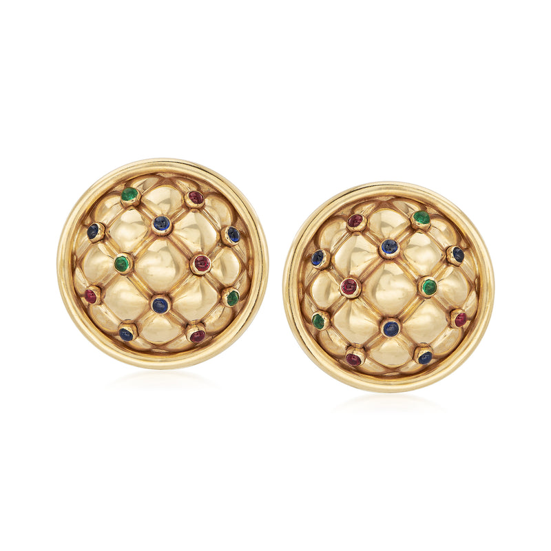 Vintage round clip-on earrings in 18kt yellow gold with multicolor gemstone accents
