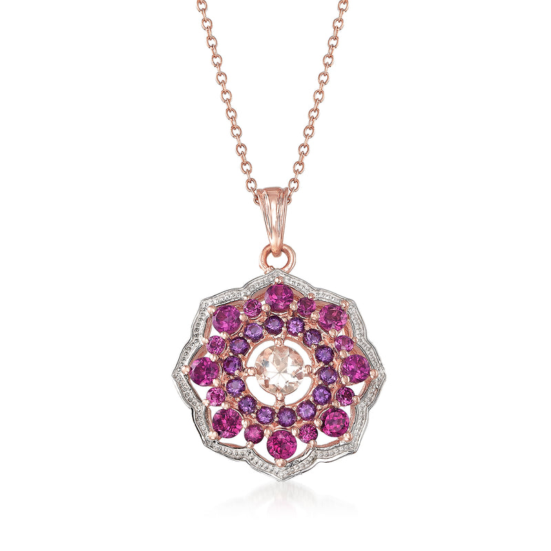 18kt rose gold over sterling pendant necklace with purple multi-gem floral pendant