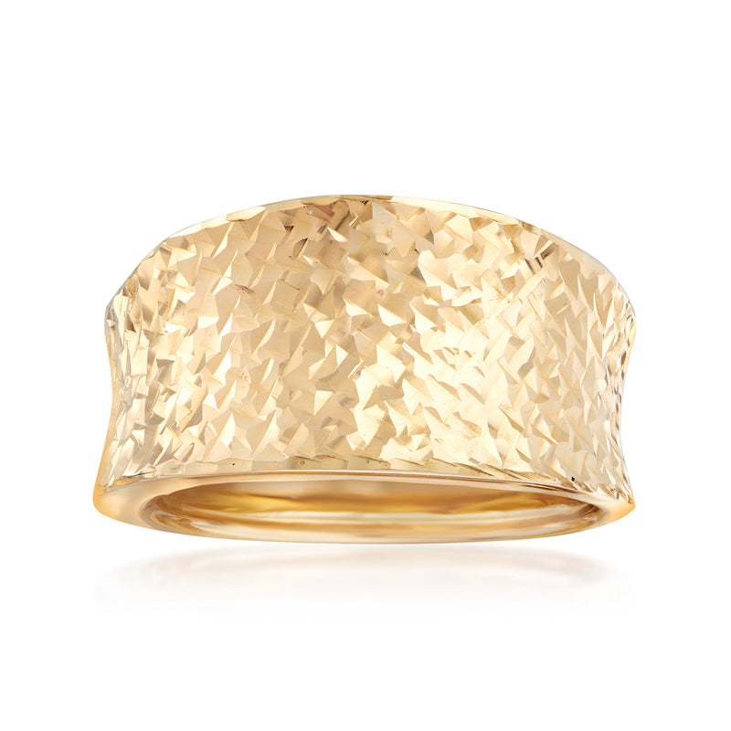 14kt yellow gold concave ring with faceted textured top, polished band