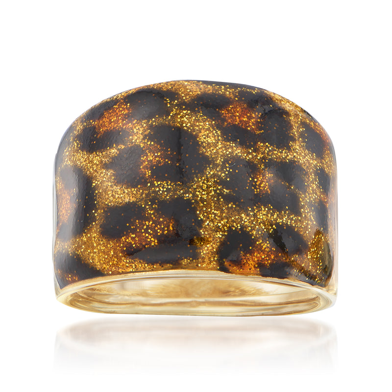 14kt yellow gold dome ring with leopard print enamel, glossy black and gold pattern