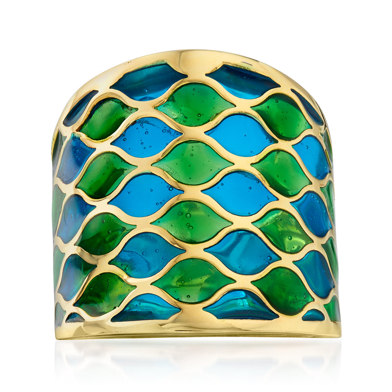 14kt yellow gold enamel ring with green and blue lattice mosaic top