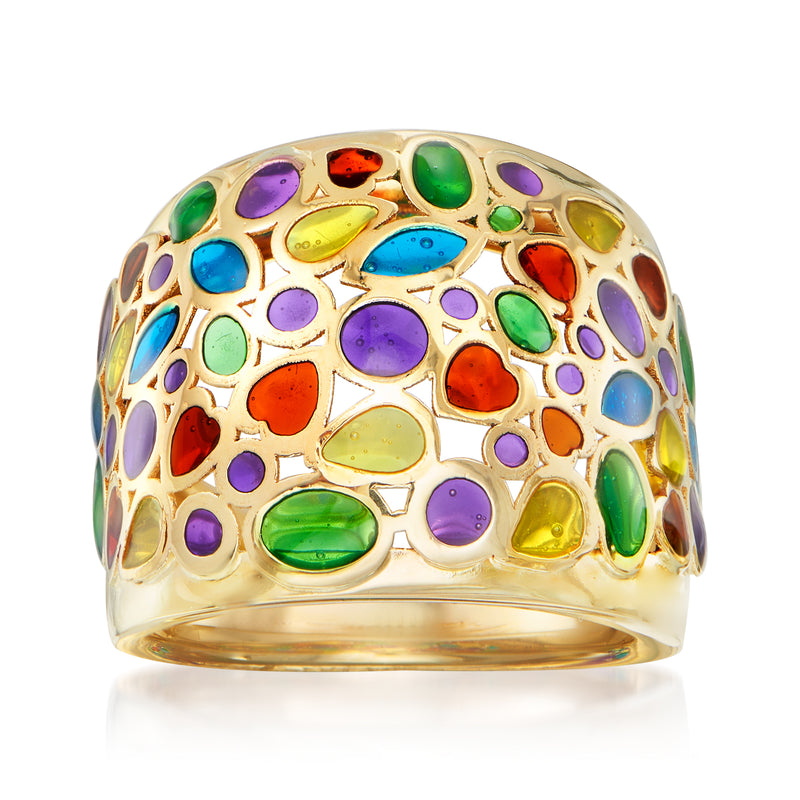 14kt yellow gold dome ring with multicolored enamel oval stones, high-polish band