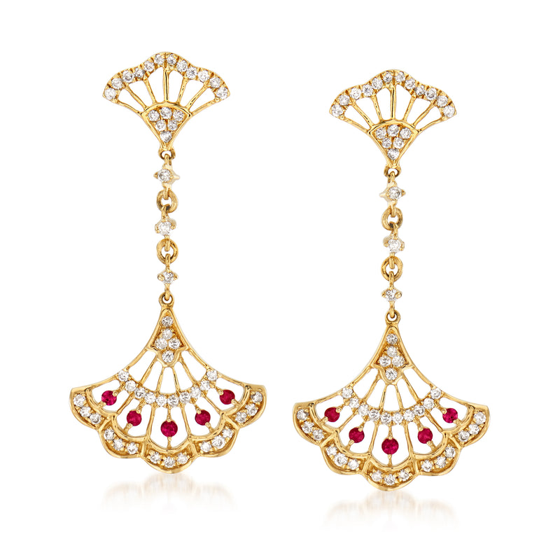 14kt yellow gold fan drop earrings with diamond accents and ruby centers