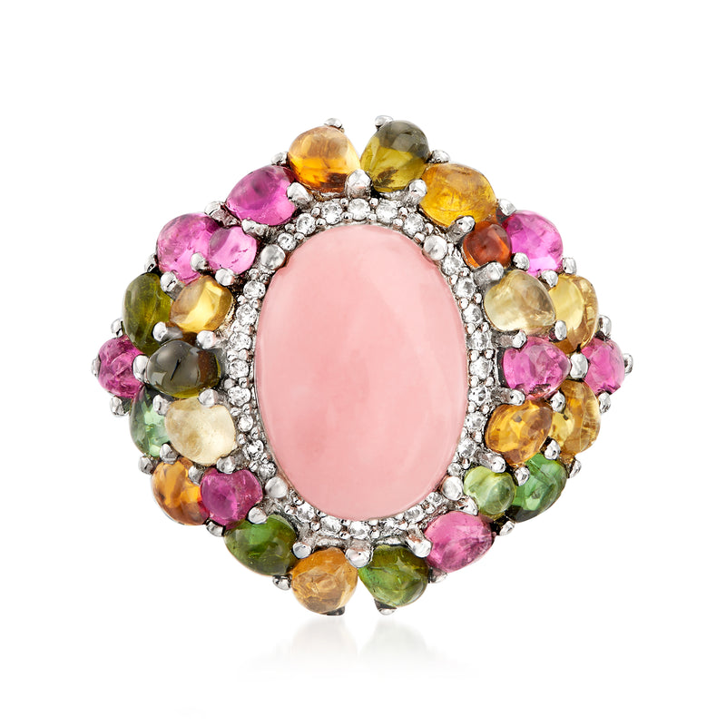 Sterling silver ring with oval pink center and halo of multicolor gemstones