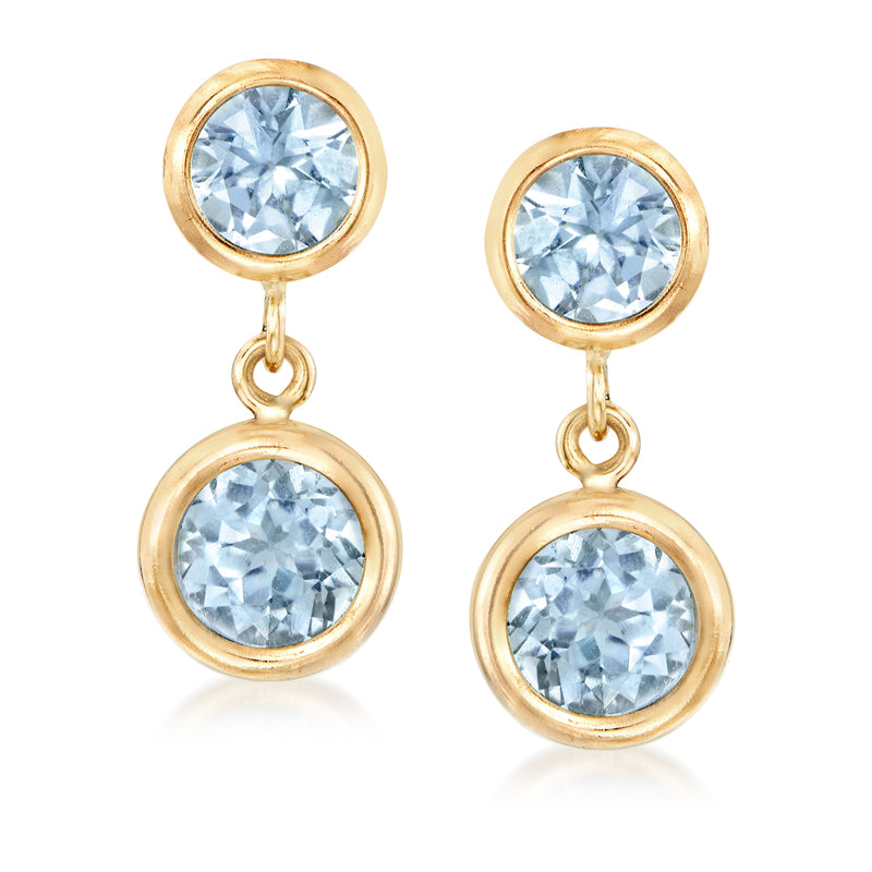 14kt yellow gold drop earrings with round sky blue topaz stones, double-drop design