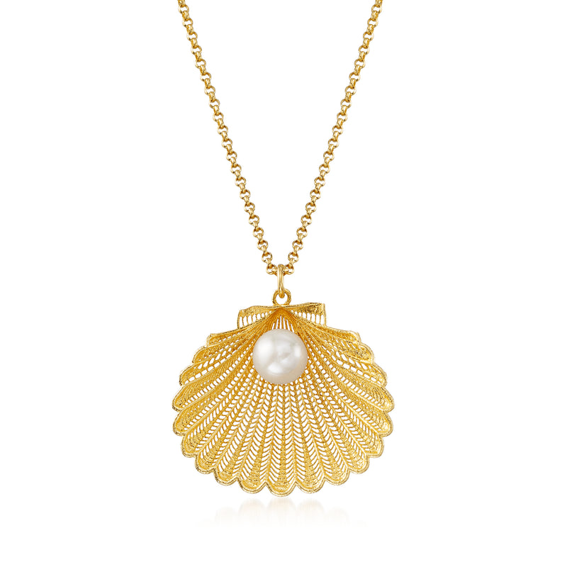 Gold over sterling silver necklace with seashell pendant and white cultured pearl center
