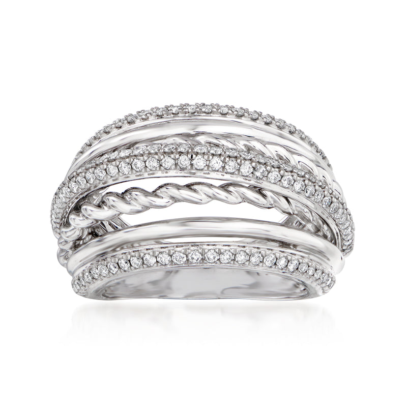 14kt white gold pave diamond bridge ring with braided center and split bands