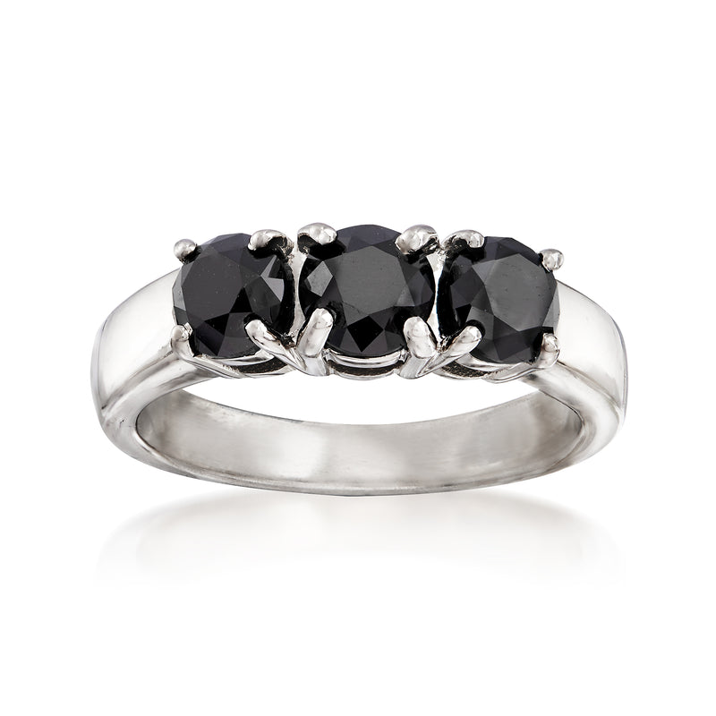 Sterling silver three-stone ring with three black diamonds in prong settings