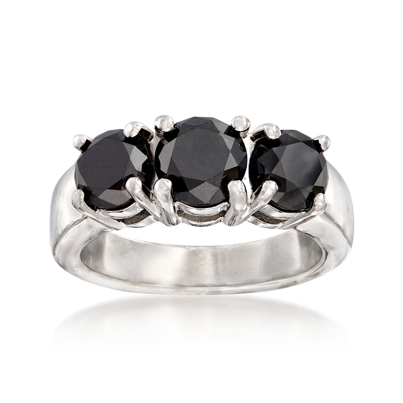 Three-stone black diamond ring in sterling silver with three faceted oval stones