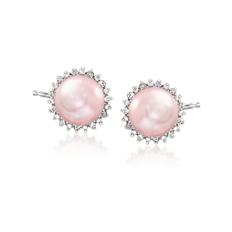 Pink cultured pearl stud earrings in sterling silver with diamond halo