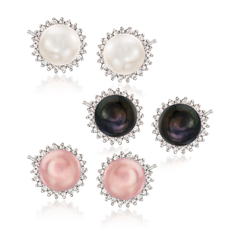 Sterling silver post earring set with round cultured pearls in white, pink, and dark tones