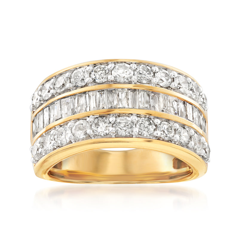 Gold and silver diamond band ring with stacked round and baguette stones, polished finish
