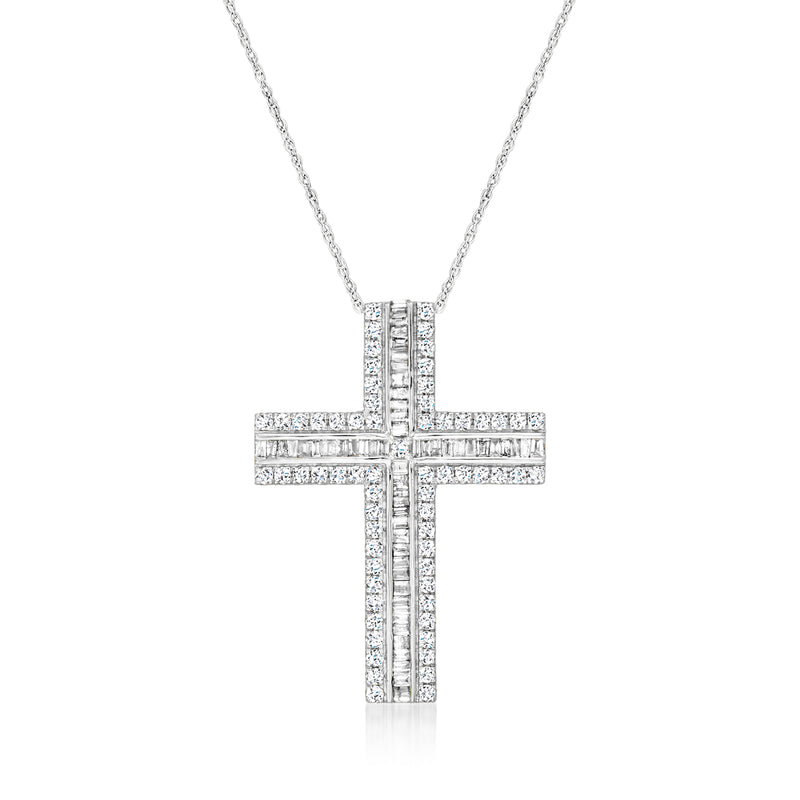14kt white gold cross pendant necklace with baguette and round diamonds