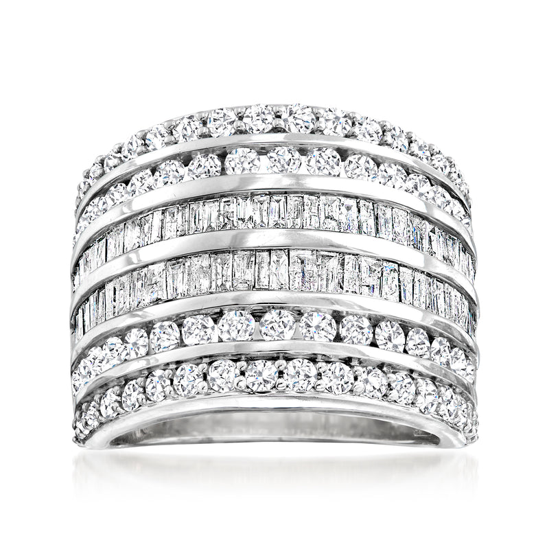 Sterling silver multi-row diamond ring with baguette and round stones, bright prong set