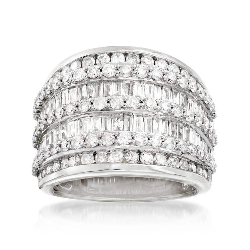 Sterling silver multi-row diamond band ring with clear baguette-style stones