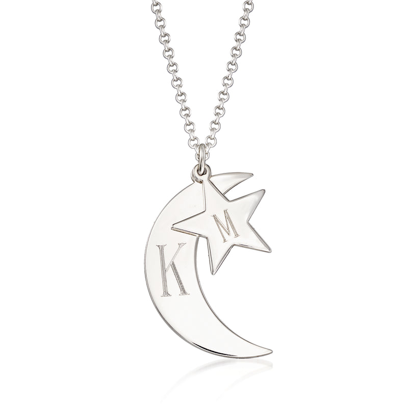 Sterling silver personalized crescent moon and star double pendant necklace, initial K
