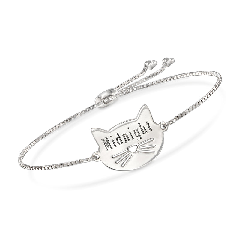 Sterling silver cat bolo bracelet with engraved “Midnight” name charm