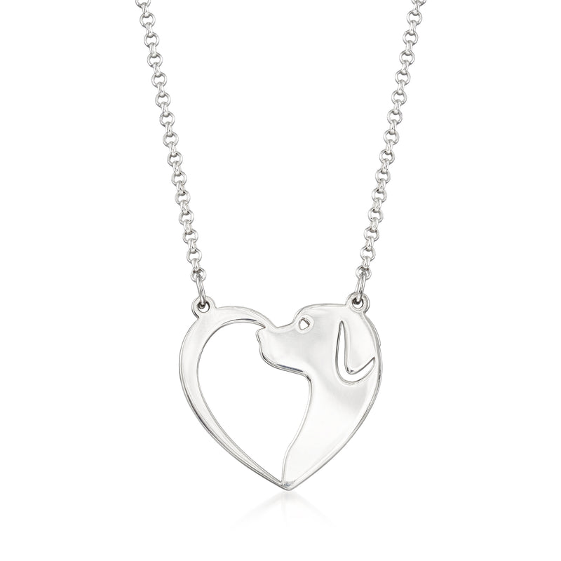 Sterling silver dog silhouette heart pendant necklace with chain, polished shine