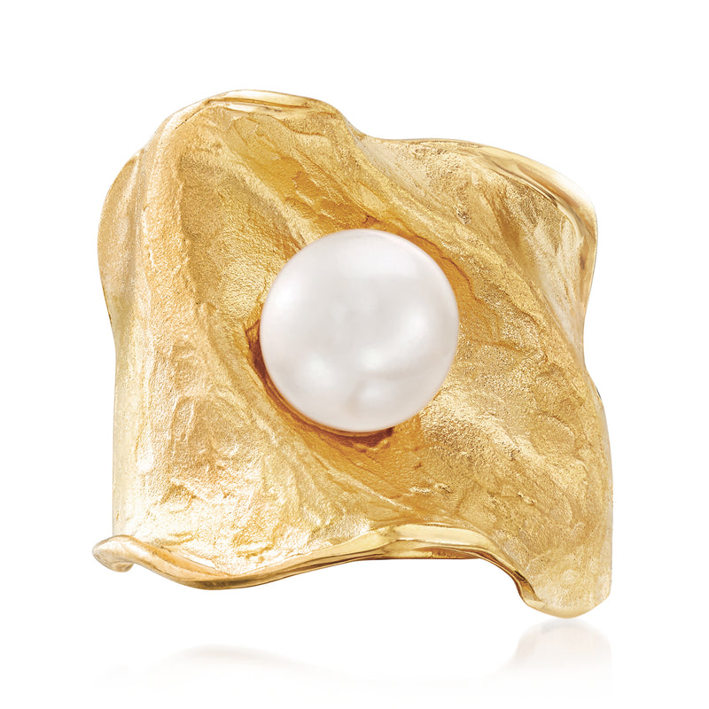 Gold over sterling wide ring with white cultured pearl set in textured band