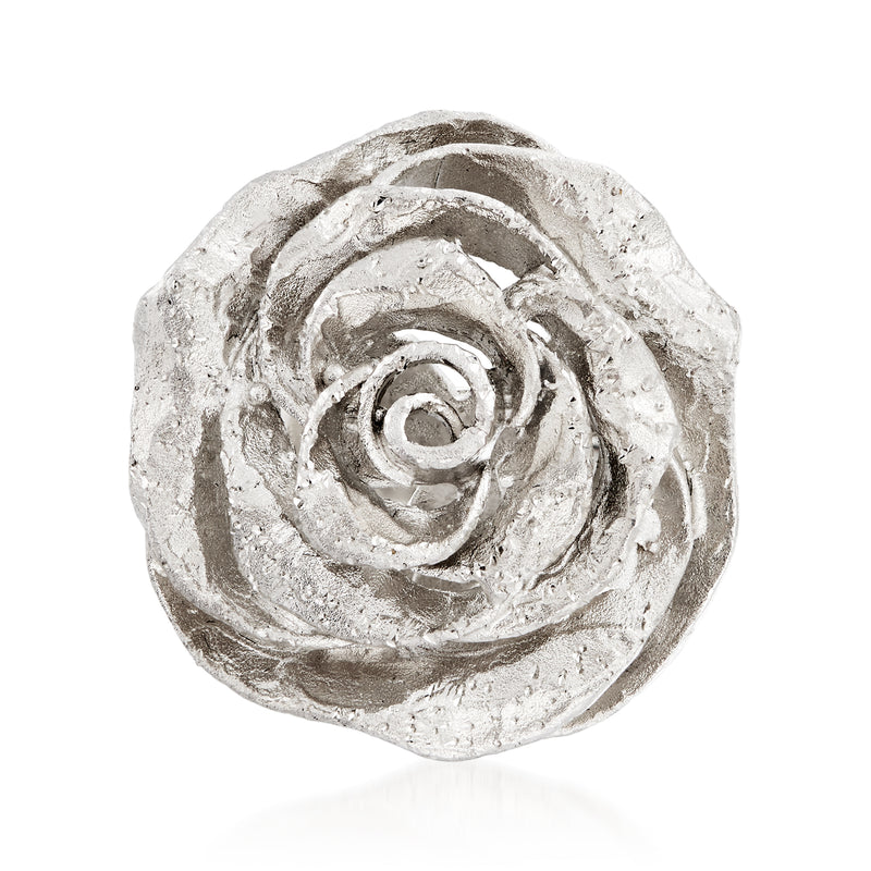 Sterling silver rose ring with detailed rose centerpiece, rounded band