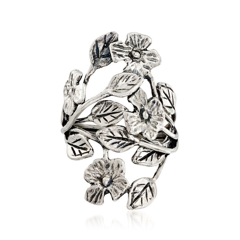 Sterling silver leaf vine ring with small floral accents, intricate cutout design