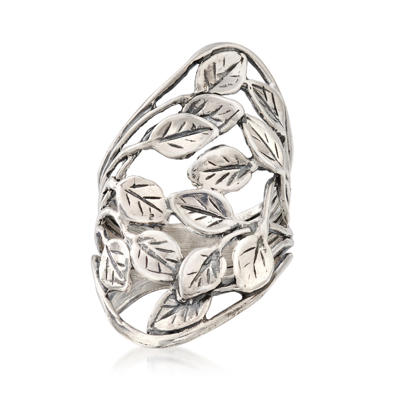 Sterling silver openwork leaf vine ring with carved leaf pattern