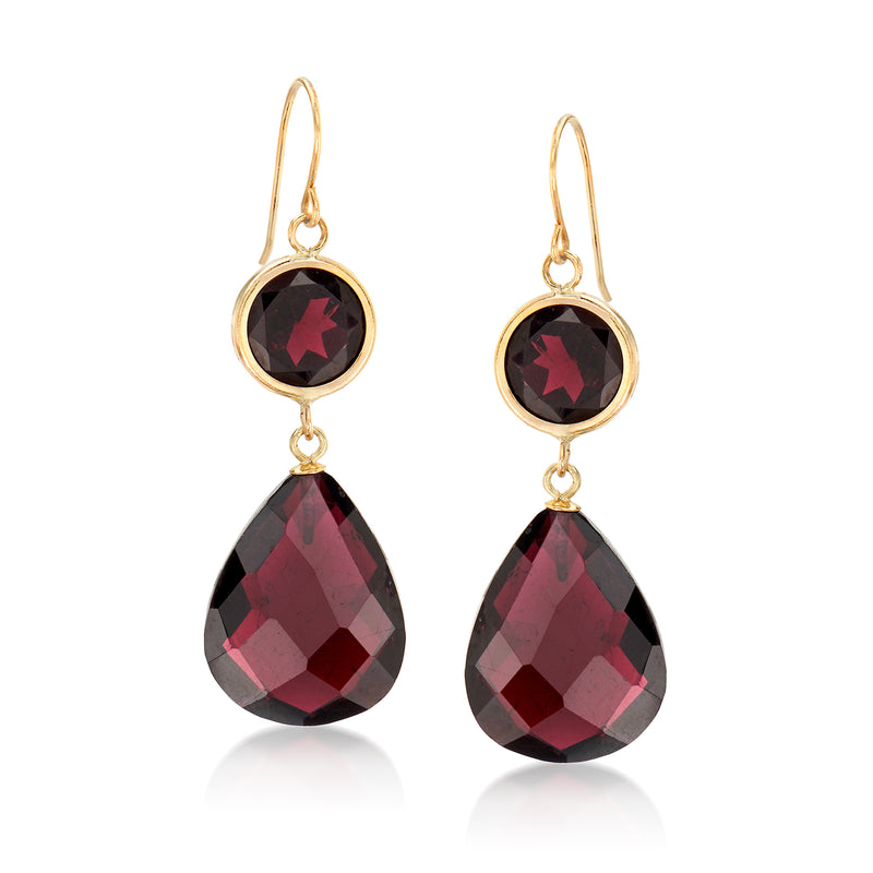 Garnet drop earrings in 14kt yellow gold with round red gem and teardrop accent