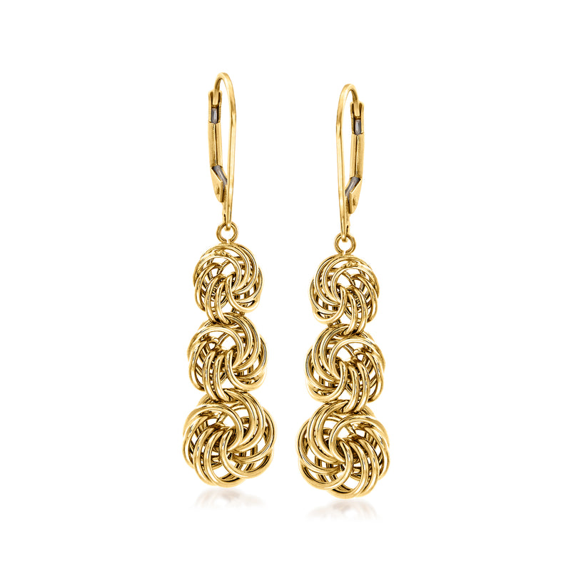14kt yellow gold drop earrings with graduated rosette-knot dangle, leverback closures