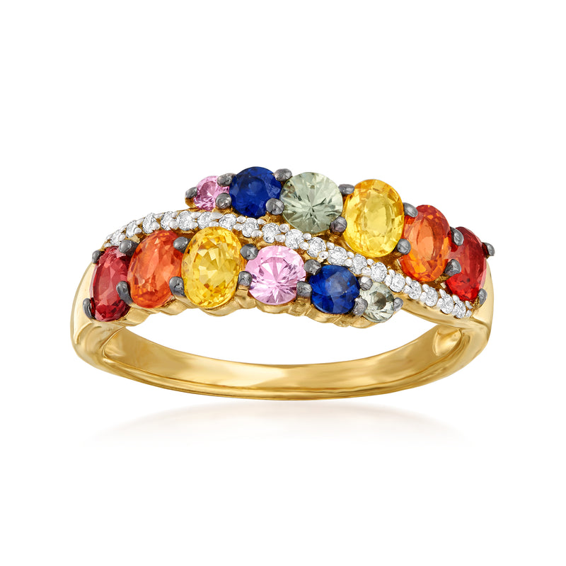 14kt yellow gold ring with multicolored sapphire gemstones and diamond accents