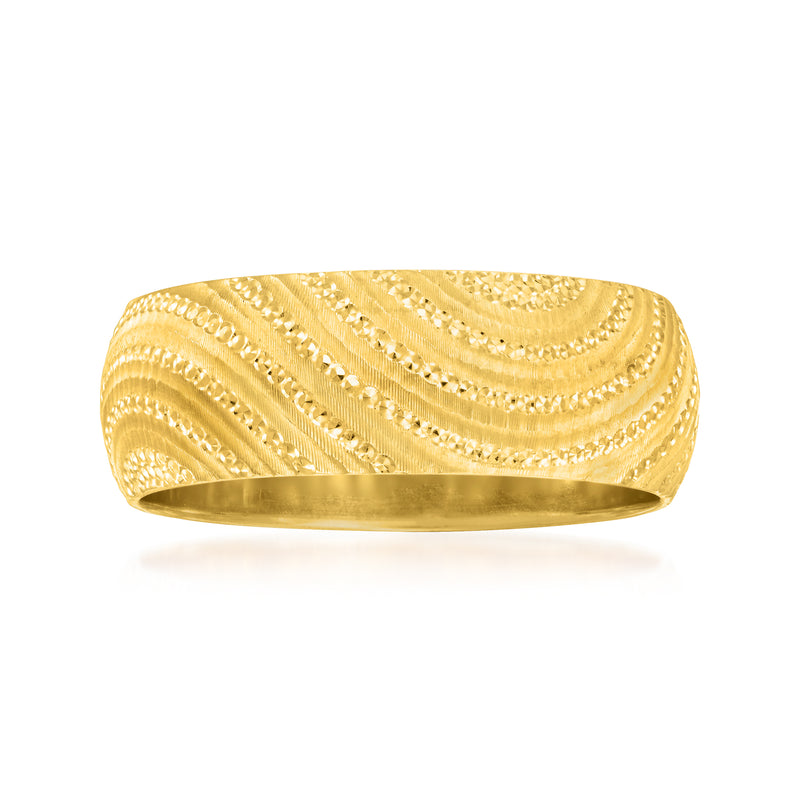 14k yellow gold curved pattern ring with textured wave design, smooth band