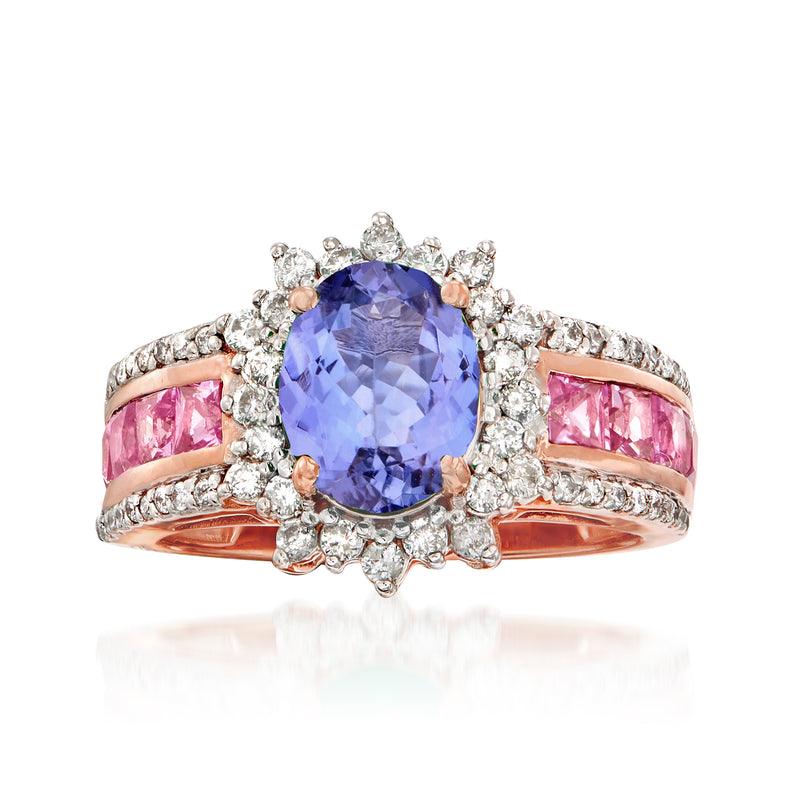 14kt rose gold ring with oval purple tanzanite center, diamond halo, pink sapphire sides