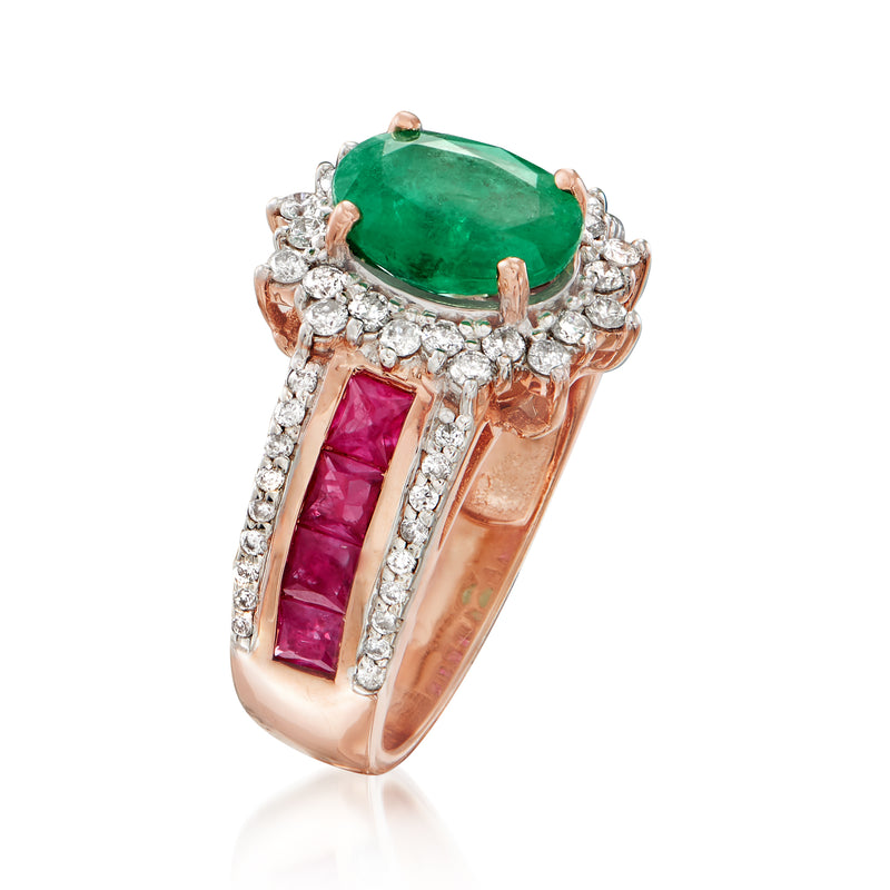 Rose gold ring with oval green emerald, diamond cluster edges, pink ruby bar settings