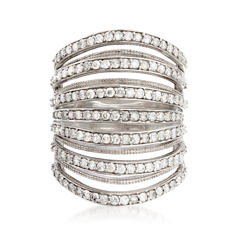 Sterling silver multi-row diamond ring with pavé-set stones