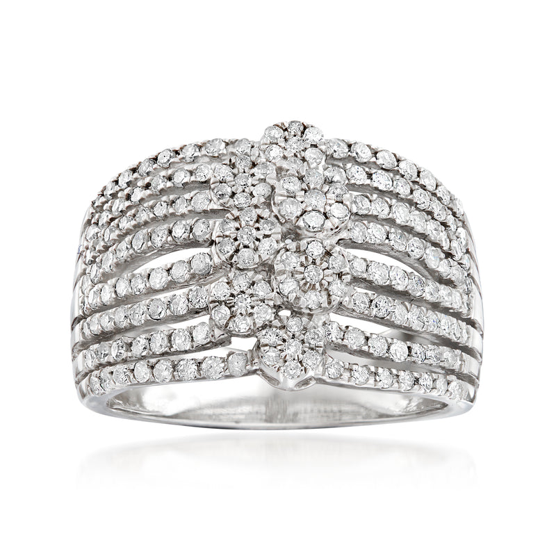 Diamond multi-row flower ring in sterling silver