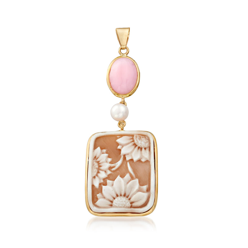 14kt yellow gold pendant with pink oval opal, cultured pearl, floral shell inlay