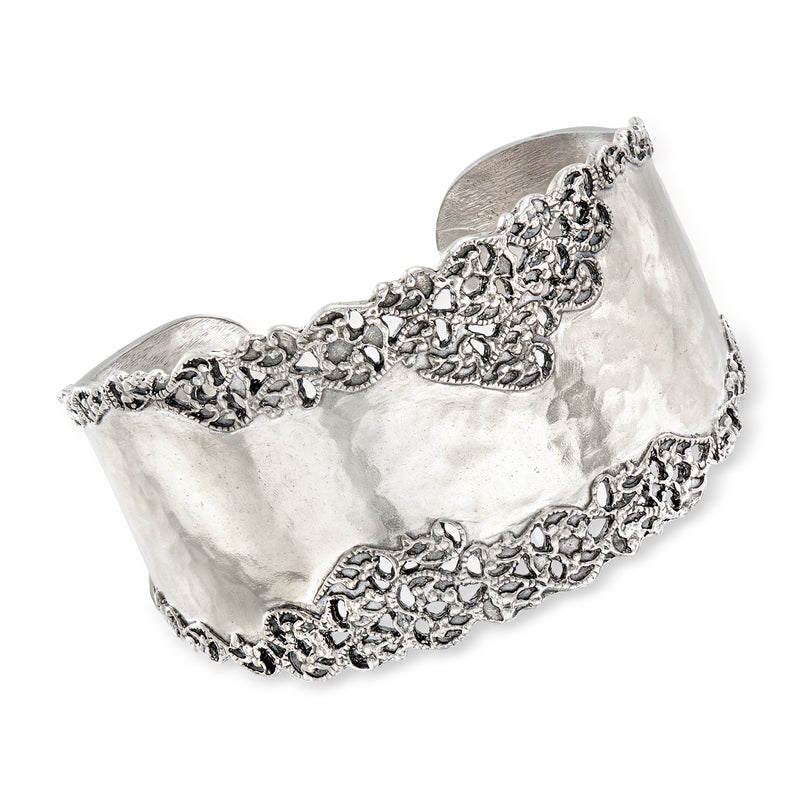 Sterling silver wide cuff bangle with hammered texture and filigree edge detailing