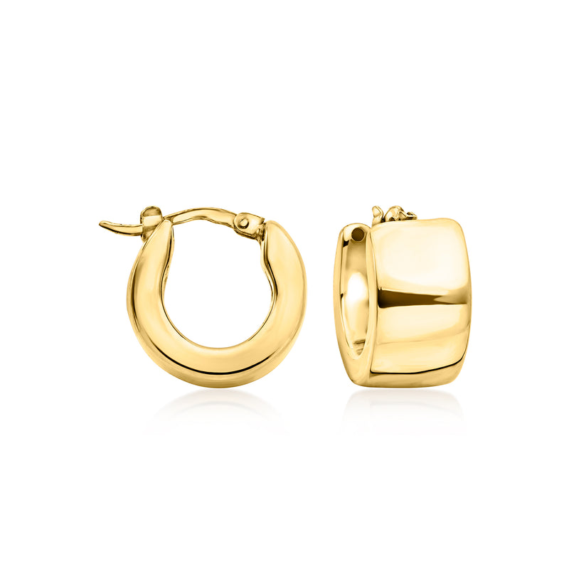 18kt yellow gold huggie hoop earrings, polished rounded hoops with hinge clasp