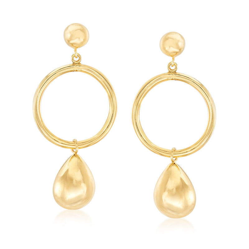 Yellow gold open-circle teardrop drop earrings with polished 14kt finish