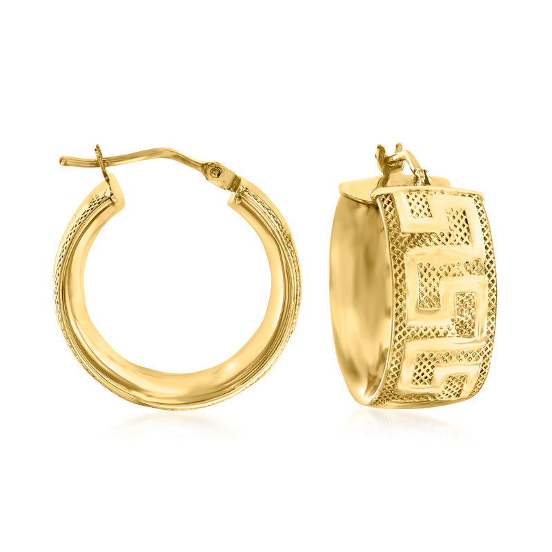 Italian Andiamo gold-tone resin hoop earrings with Greek key cutout pattern