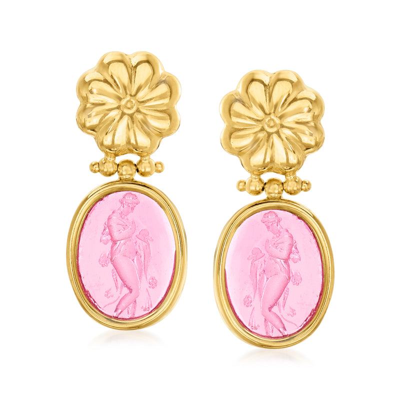 Gold over sterling drop earrings with pink oval cameo glass in ornate floral setting