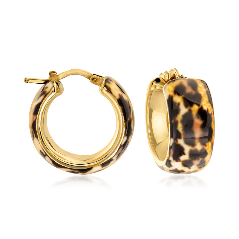 Leopard-print enamel hoop earrings in gold over sterling, hinged circular design